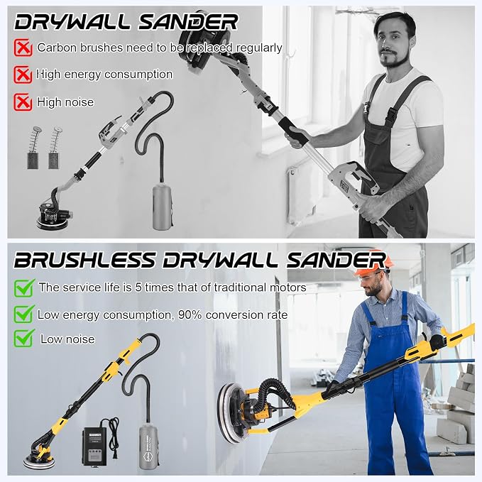 Brushless Drywall Sander, 1200W 10-Amp Popcorn Ceiling Removal Tool with 800-2200RPM 8 Variable Speed 12pcs Sanding Discs Drywall Sander with Vacuum Dust Collector LED Light for Ceiling Sanding