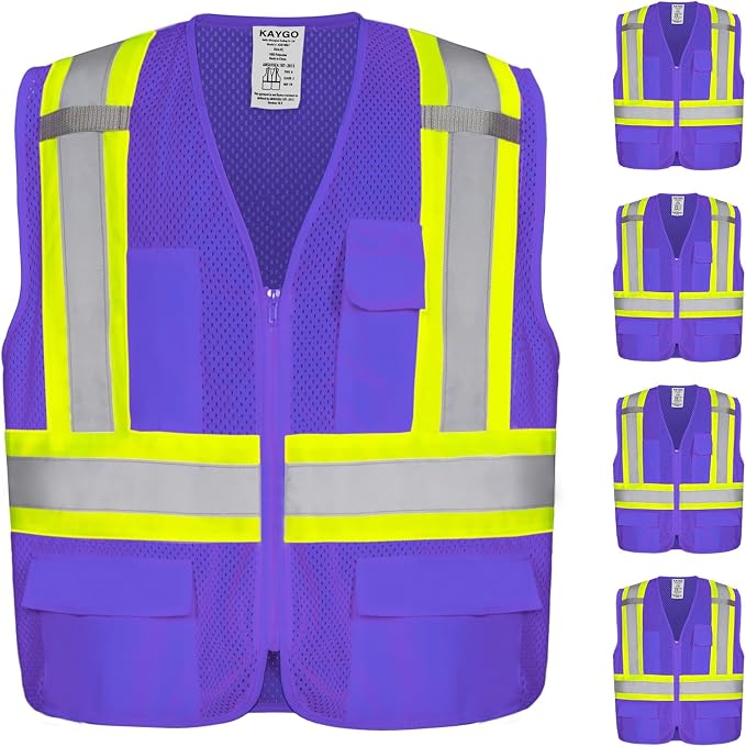 KAYGO Reflective High Vis Safety Vest with Pockets for Men and Women KG0100 | Breathable Polyester Lightweight, Two-Tone, ANSI Class 2, for Construction, Warehouse, Surveying, Cycling, Machine Washable