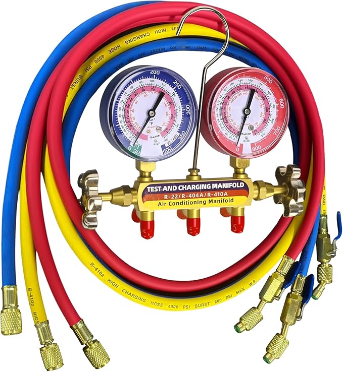 Upgrade 42201 Test & Charging Manifold with 3-1/8" (80 mm) Gauges,60" Refrigerant Hose with Compact Ball Valve,1/4" Standard Flare Fitting,2-Valve,HVAC Manifold for R-22/404A/410A,Yellow/Red/Blue