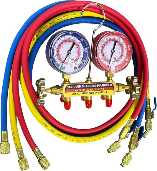 Upgrade 42201 Test & Charging Manifold with 3-1/8" (80 mm) Gauges,60" Refrigerant Hose with Compact Ball Valve,1/4" Standard Flare Fitting,2-Valve,HVAC Manifold for R-22/404A/410A,Yellow/Red/Blue