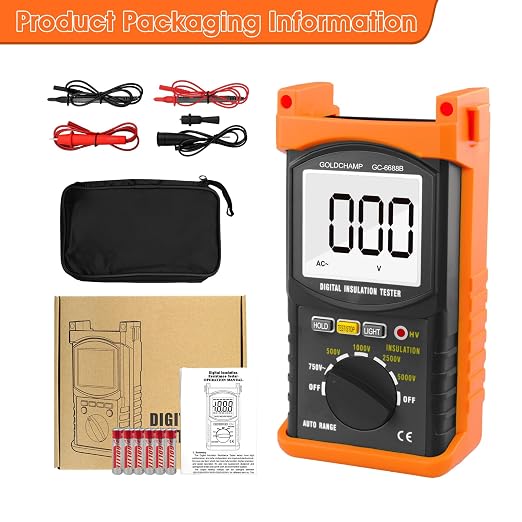 Megohmmeter for Insulation Testing, 200G Ohm Insulation Resistance Tester for Voltage (500V/1000V/2500V/5000V) & Resistance Measurement (1MΩ~200GΩ), Auto Ranging, Backlight Display, Data Hold