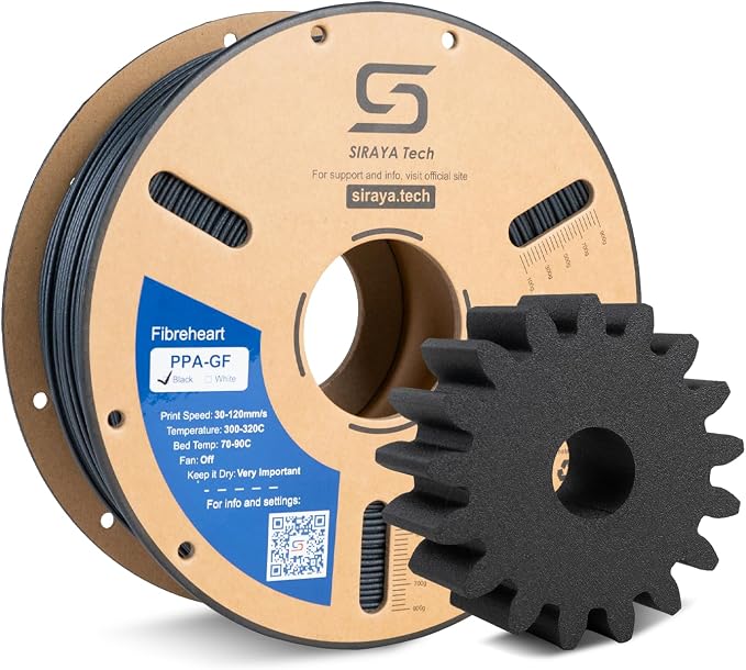 Siraya Tech Fibreheart PPA-GF 3D Printer Filament, 15% Glass Fiber Reinforced High Temperature Nylon, Extreme Strength & High-Temp Resistance (185°C+), Low Moisture for Accurate Prints (1kg, Black)