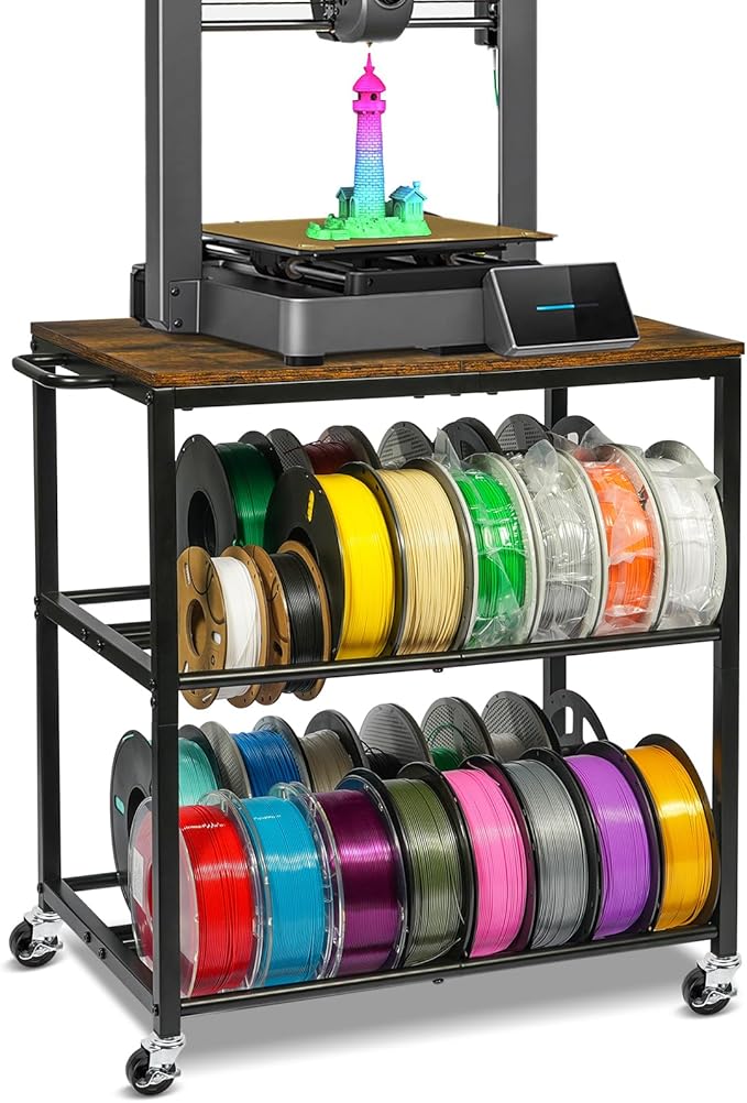 3D Printer Table with Filament Storage-Small 3D Printer Stand for consumables Storage – Space-Saving Cart for 3D Printing Workshop, Studio, Office.Brown.