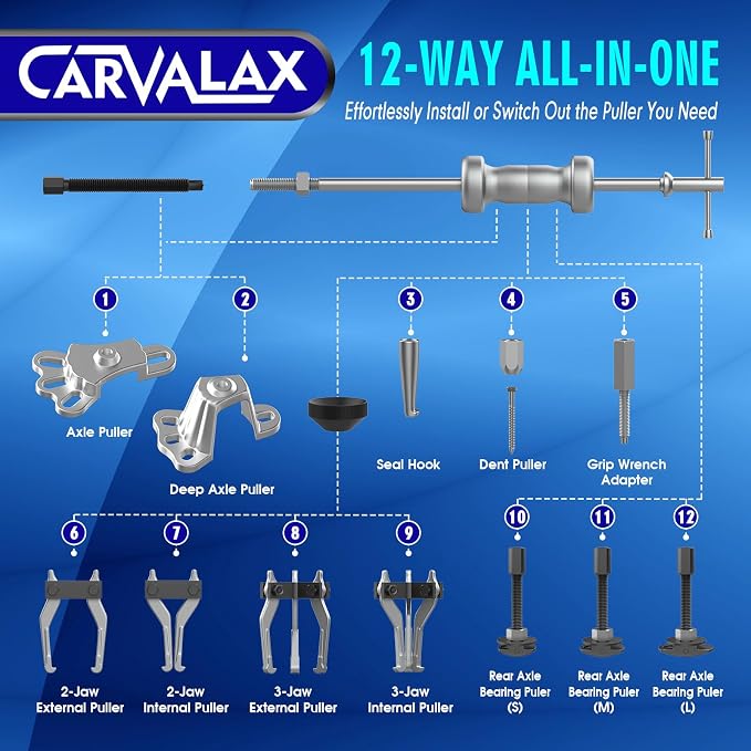 CARVALAX 12-Way Slide Hammer Puller Set | Auto Repair Kit for Hub, Bearing, Gear & Axle Extractor, Dent Removal, Heavy Duty 23-Piece w/Case