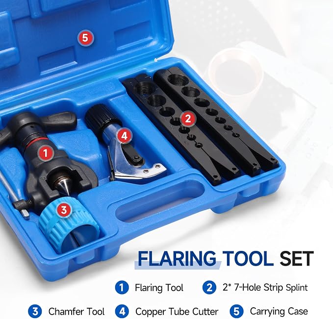 iCrimp Ratchet Eccentric Flaring Tool Kit for HVAC & Refrigeration, 45° Copper Tube Flaring Tool for 3/16"–3/4" & 5mm–19mm Pipes with Cutter and Deburring Tool