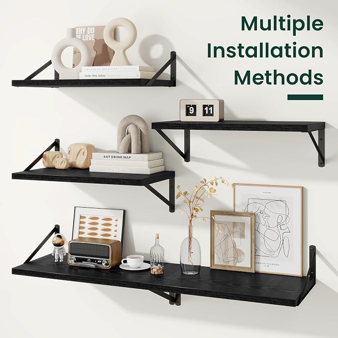 Floating Shelves 12 Inch Deep, 16W x 12D Wall Shelf Set of 2, 35 lbs Heavy Duty Reversible Metal Brackets, Deep Industrial Book Shelf for Living Room Kitchen Bath Bedroom Coffee Bar, Black