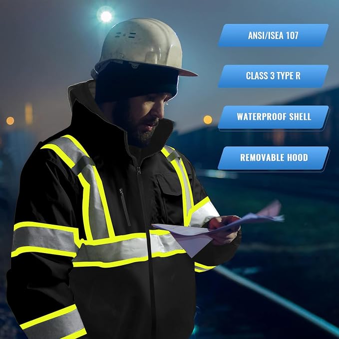 SKSAFETY High Visibility Reflective Jackets for Men, Waterproof Class 3 Safety Jacket with Pockets, Hi Vis Black Coats with Black Bottom, Mens Work Construction Coats for Cold Weather, S,Black
