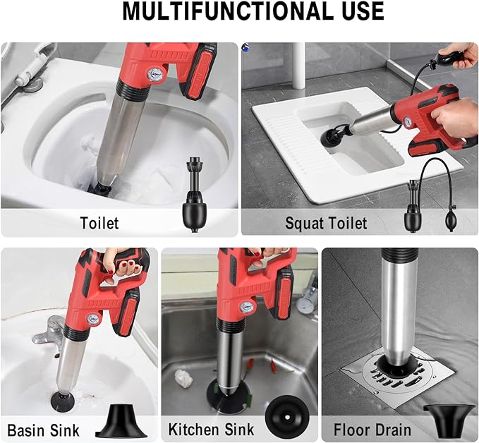 Electric Toilet Plunger，Drain Clog Remover Tools,High Pressure Air Toilet Plungers Heavy Duty Plunger For Toilet,Bathroom,Floor Drain,Sewer,Pipe，RED