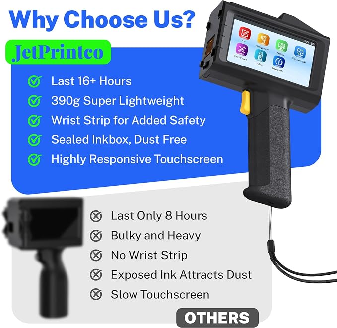 0.5 Inches Print Height Intelligent Handheld Inkjet Printer Lasts 16H Weighs Only 390g for Batch Code Date Lot Number Print on Plastic Carton Wood Metal Glass Aluminum with 42ml Fast Dry Ink (Black)
