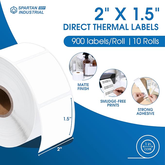 Spartan Industrial - 2" X 1.5” Direct Thermal Printer Labels (9000 Count, 10 Rolls) - Perforated Shipping Address Labels, UPC Barcode Stickers for Inventory - Compatible with Zebra and Rollo Printers