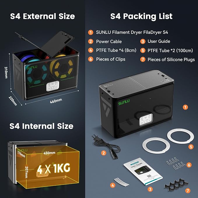 SUNLU S4 3D Printer Filament Dryer, Black | 4 Spools Capacity,3 Circulation Fans,Filament Dryer,350W PTC Heater,70℃ Max Temperature,Intelligent humidity detection