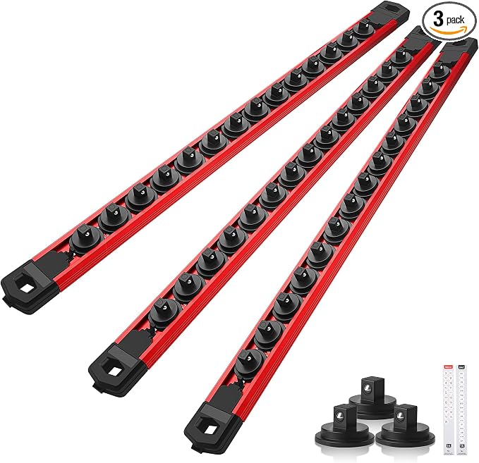 Reniteco Magnetic Socket Organizer Set, 3PC 1/4-Inch Drive Aluminum Alloy Socket Rail, Heavy Duty Magnetic Socket Holder for Tool Box Drawer, 360° Swivel Socket Rack, 1/4" x 42 Clips, Red