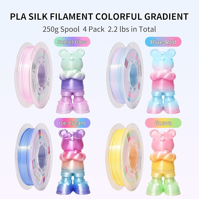 RAMBERY Silk Rainbow PLA 3D Printer Filament Bundle Shiny Multicolored Filament 1.75mm Fast Color Change 3D Printing Filament for Most 3D Printer, 4 Spools 250g Each (2.2lbs)