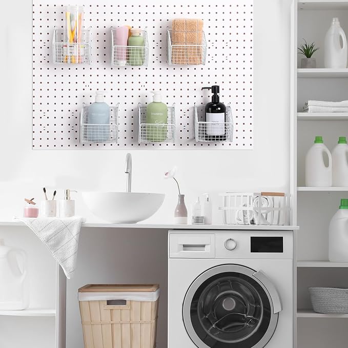 Reallnaive 6 Pack White Pegboard Baskets Metal Wire Shelf Baskets 5.1 x 5.1 x 3.5 in Peg Board Organizer Accessories Wall Mount Organizer Bins for Tool Storage Craft Room Garage Small Parts Workbench