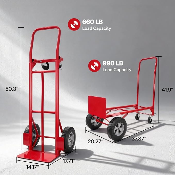 NORTHSKY 2-in-1 Convertible Hand Truck & Dolly, 990 lbs Capacity Heavy-Duty Folding Platform Truck, Steel Frame, 10" Solid Rubber Wheels, Utility Platform Cart w/Beveled Nose Plate for Easy Transport
