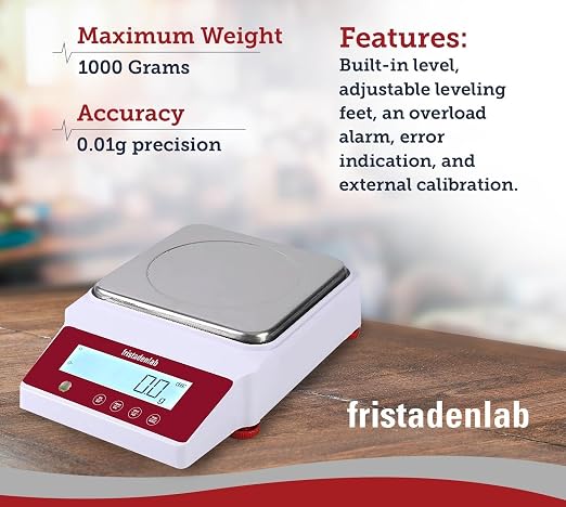 Fristaden Lab Digital Balance - USA Company - 1000g Capacity with Genuine 0.01g Precision, Analytical Scale Ideal for Scientific Research, Home Labs & Academic Use