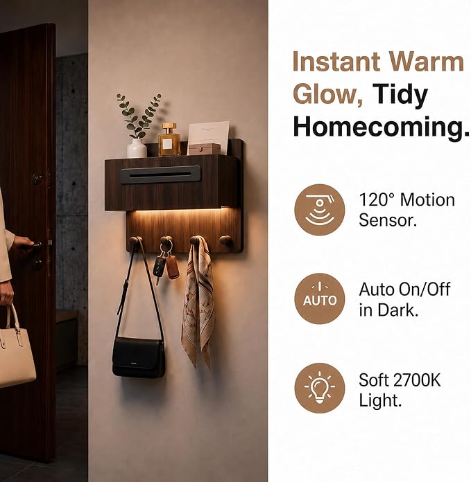 Floating Shelf with Drawer & Hooks, Entryway Organizer with Sensor Light | Italian Wood Veneer, Hidden Drawer, 4 Matte Black Hooks & Warm Sensor Light for Mail, Keys, Wallets, Coats & Daily Essentials