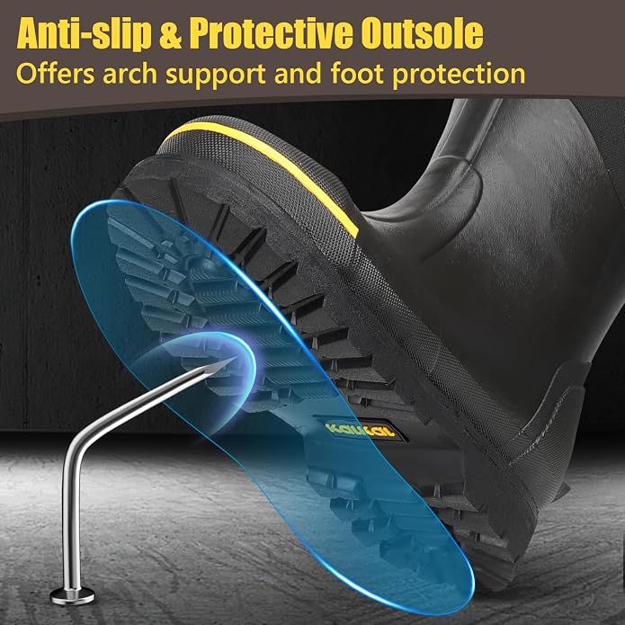 Kalkal Steel Toe Rubber Boots for Men - Waterproof Anti Slip Work Boots 6mm Neoprene Rain Boot Durable Hunting Boots with Steel Shank for Farming Gardening Construction Outdoor Work Size 5-14