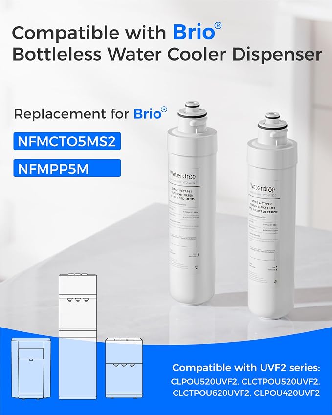 Waterdrop UVF2 Cooler Filter Compatible with Brio®2 Stage Water Filter Replacement NFMPP5M, MIB200PKF, UVF2 Series Models of Brio® Bottleless Water Cooler Dispenser CLPOU520UVF2, CLCTPOU520UVF2 4 Pack
