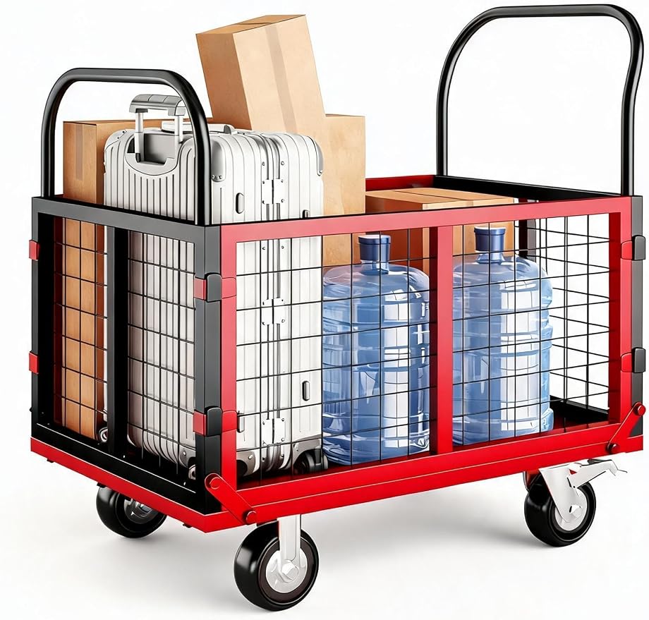 6-in-1 Collapsible Platform Truck Cart – Heavy Duty 1800lbs Capacity – Cage Design – 4 Caster Wheels (2 Locking) – Versatile Flatbed Hand Truck for Warehouse, Garage, Laundry, Grocery