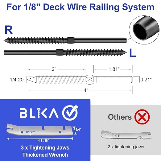 BLIKA 120 Pack 1/8" Black Cable Railing Kit Left &Right Swage Lag Screws for Wood Posts, T316 Stainless Steel, Wire Railing Kit for Decks with Wrench, Deck Stair Black Cable Railing Hardware