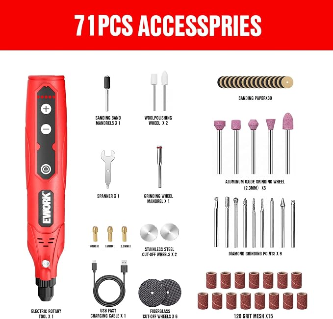 EWORK Cordless Rotary Tool Kit with 71 Accessories, 4V Mini Power Rotary Tool with 5 Variable Speeds & USB-C Charging for Sanding, Engraving, Polishing, Drilling, Carving, DIY Crafts