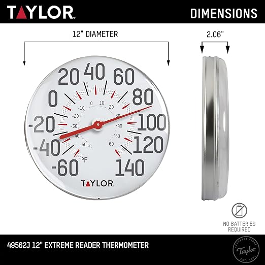 Taylor Metal Wall Indoor Outdoor Thermometer, Wireless Thermometer with Easy to Read Large Numbers for Patio, Pool, and Indoor Areas, 12-inch, White