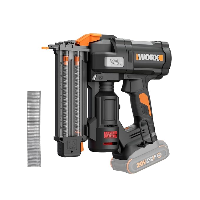 WORX Brad Nailer Cordless, 20V 18 ga Brushless Nail Gun Cordless, High Driving Power, Up to 2-⅛" into Hardwood, Narrow Nose, 3 LEDs, Tool Only, PowerShare WX838L.9