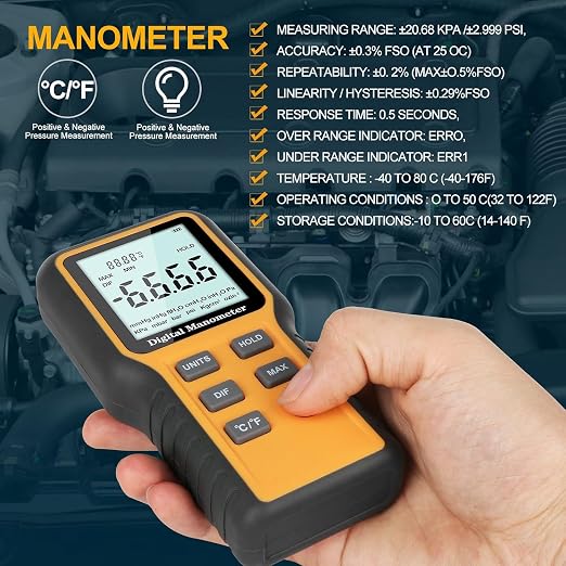 Manometer, Professional Air Pressure Meter, Dual-Port Gas Pressure Tester, | 12 Selectable Units Differential Pressure Gauge, HVAC Digital Manometer, Gas Pressure Tester (Included Battery)