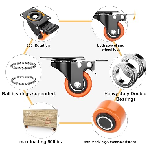 2 Inch Caster Wheels, Casters Set of 4, Heavy Duty Casters with Brake, Locking Industrial Swivel Top Plate Casters Wheels for Furniture and Workbench Cart(Two Hardware Kits Include)