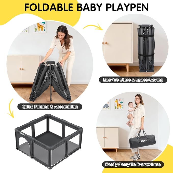 Baby Playpen Foldable Playpen for Babies and Toddlers, Large Playpens Portable Play Pen Play Yard for Kids Fence Indoor Outdoor Travel 4 Handlers 50 Balls Baby Gifts Essentials 50"X50" Dark Grey