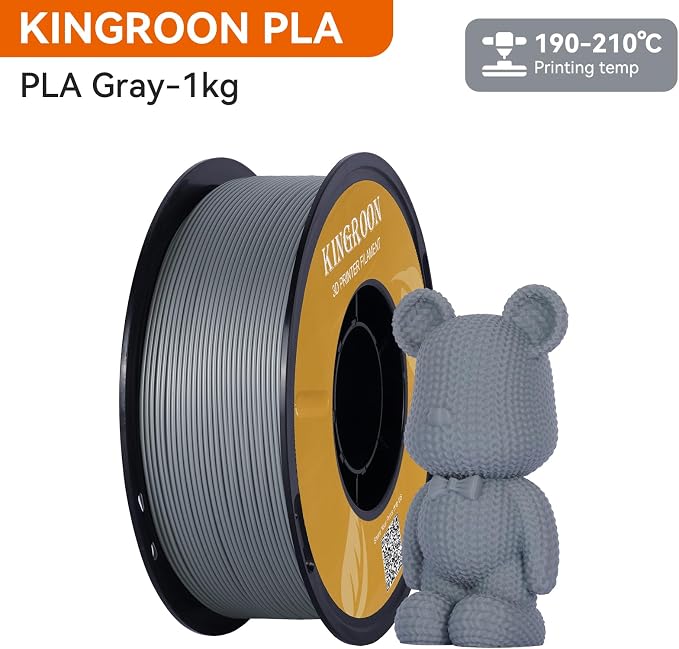 Kingroon PLA 3D Printer Filament, Dimensional Accuracy +/- 0.02 mm, 1 kg Spool(2.2lbs), 1.75 mm，Grey