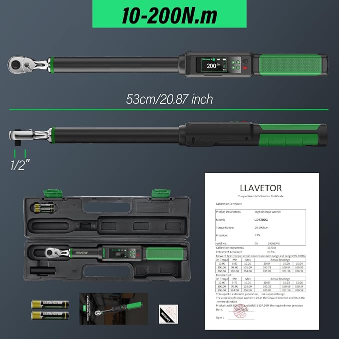 2026 Upgraded Digital Torque Wrench 1/2" Drive, ±1％ Torque Wrench with Buzzer & LED Indicator for Automotive Motorcycle & Bicycle (1/2-Inch, SET#7.38-147.5 Ft-lbs)