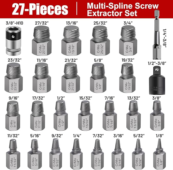 27Pcs Upgrade Screw Extractor Set, Bolt Extractor Kit, Easy Out Bolt Extractor Set, Hex Head Multi-Spline for Removing Stripped, Rounded, Damaged, Broken Screws, Bolts, Studs