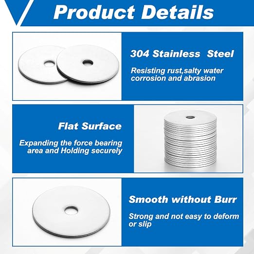 Hotop 100 Pieces Stainless Steel Fender Washers 18-8 Stainless Steel Flat Washer (1/4" X 1-1/2")