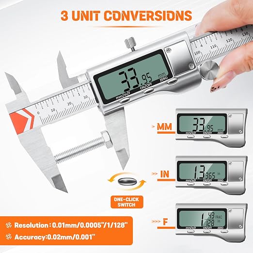 HARDELL 6" Digital Caliper, All-Metal Electronic Micrometer with Large LCD, Inch/Metric/Fraction Conversion, Precision Measuring Tool for Household & DIY (2 Batteries Included)