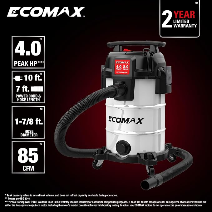 ECOMAX 8 Gallon Ultra Quiet Stainless Steel Shop Vacuum Wet and Dry | 4 Peak HP, 80% Quieter Operation, Durable Long Life Motor, Portable Vacuum for Garage, Workshop, Jobsite, Complete Accessory