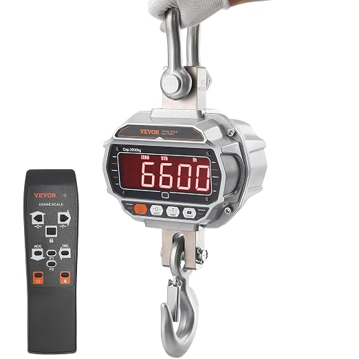VEVOR Digital Crane Scale, 6600 lbs/3000 kg, Industrial Heavy Duty Hanging Scale with Remote Control, Cast Aluminum Case & LED Screen, High Precision for Construction, Factory, Farm, Hunting (Silver)