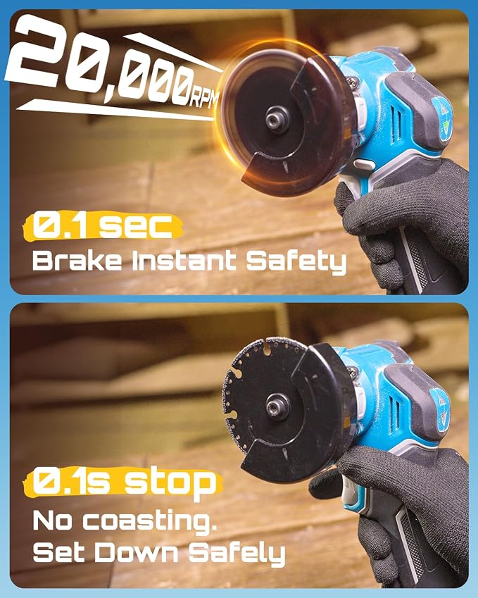 Seesii 21V Brushless 3" Cordless Cut-Off Tool with 2x 4.0Ah Batteries, 20000 RPM Mini Angle Grinder with 0.1s Safety Brake & Forward/Reverse, Cordless Cutter for Metal, Tile, Rebar