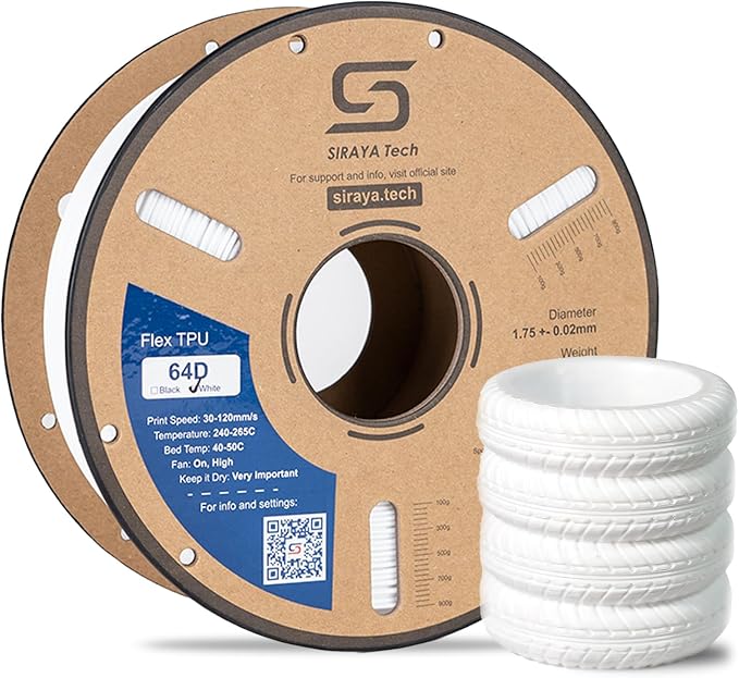 Siraya Tech Flex TPU 64D – High-Performance Elastic 3D Printing Filament, Durable & Wear-Resistant, Easy to Print, ISO 10993 Tested, Ideal for Tough, Durable Abrasion Resistant Parts (White, 1kg)