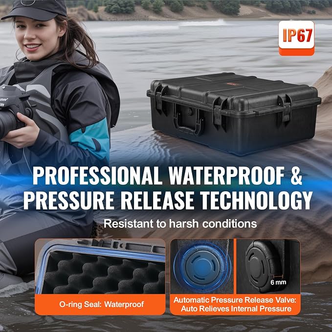 VEVOR Weatherproof Hard Case, Heavy Duty Protective Dry Box with Pre-cut Foam, and Retractable Pull Handles for Travel, Hunting, Military, Tactical, IP67 Waterproof Case for Cameras (24.4×19.3×8.9)