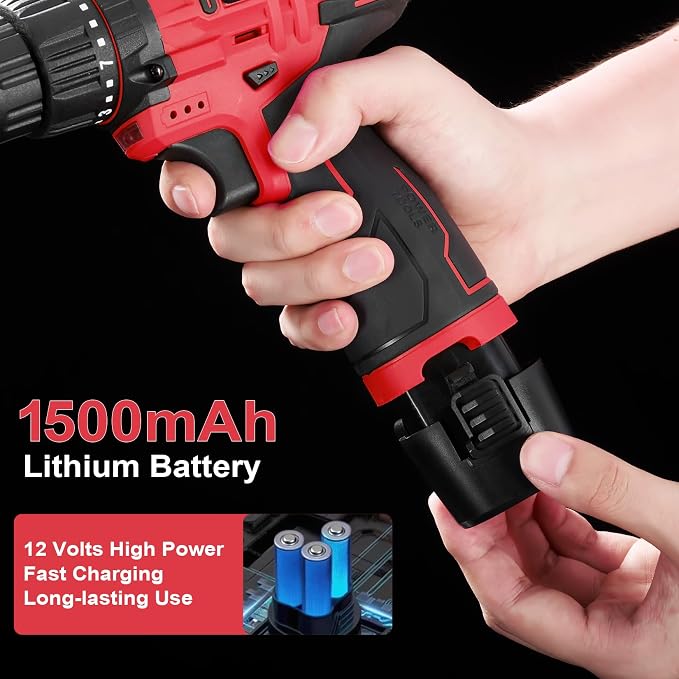 Cordless Drill Tool Set: 12V Power Drill Tool Kit with Battery & Charger, 25+1 Torque Setting, Portable Household Basic Drills Case for Men & Women, 2-Speed Electric Drill Set, 142 Piece, Red