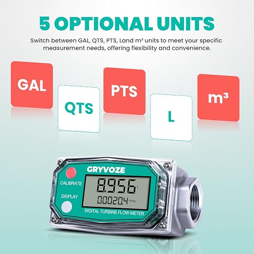 3/4 Inch Digital Turbine Fuel Flow Meter, 0.8-13.2 GPM Inline NPT Thread Flowmeter for Water, Diesel, Gas Oil, Gasoline, Kerosene, Methanol, and Other Liquids-Supports Gallon, QTS, PTS, L, m³