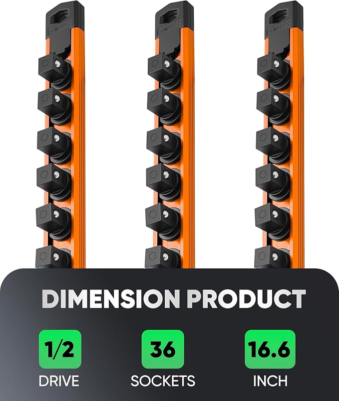 ALOANES Magnetic Socket Organizer Set, 3-Piece Heavy Duty Aluminum Socket Rails, 360° Swivel Clips Socket Rail Kit for Tool Tray Drawer Fit 1/2-Inch x 36 Clips (Orange, 3PC)