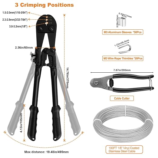 TooTaci 1/8" Wire Rope Kit with 100ft Vinyl Coated Stainless Steel Cable, Wire Rope Crimping Tool & Cutter, Metal Wires for Garden Trellis, Clothesline, String Lights Hanging, Curtain