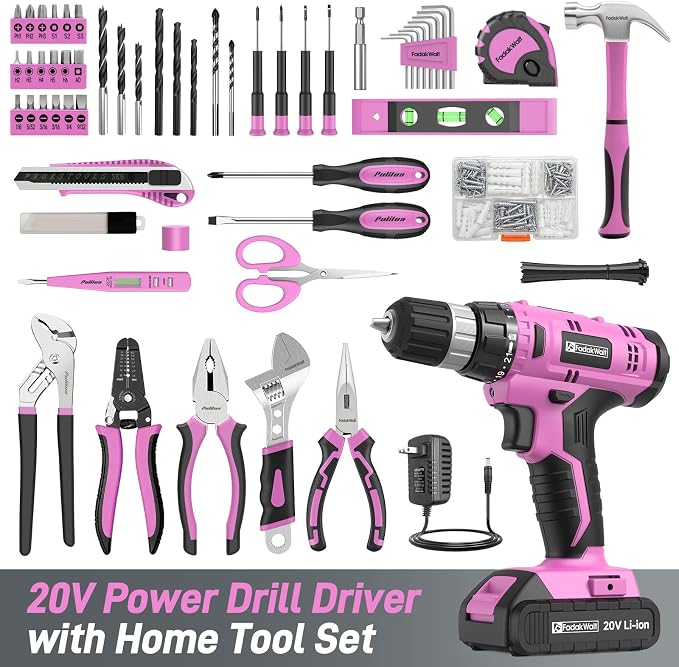 FADAKWALT 20V Cordless Drill Set with Battery, Charger & Carrying Bag, 30N Torque Power Drill/Driver Kit, 21+1 Clutch Settings, 3/8" Keyless Chuck, LED Light, Driver Bits(Pink)