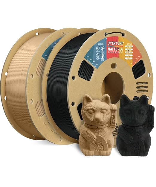 OVERTURE 2KG Bundle Matte PLA, Low Warp & Matte Surface 3D Printer Filament | Frosted Matt Finish Hides Layer Lines, 2 Pack 1kg Spool (2.2lbs) Cardboard Spool (Matte Black & Light Brown)