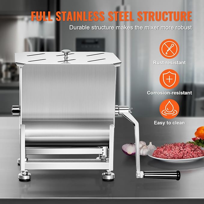 VEVOR Manual Meat Mixer, 10L Fixed Tank – Heavy Duty Stainless Steel Hand Mixer for Ground Beef & Sausage, Max 15lb Mixing Meat Capacity, with Lid Handle