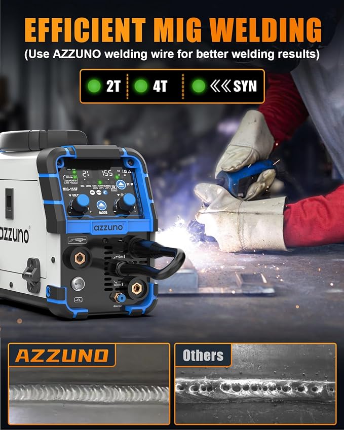 AZZUNO MIG Welder Machine 110V/220V, 155Amp 5-in-1 Gas MIG/Aluminum MIG/Gasless Flux MIG/Lift TIG/Stick Welding Machine, Wire Feed Welder