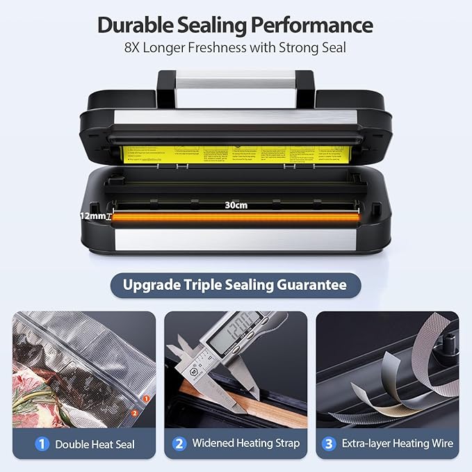 95Kpa Precision Pro Vacuum Sealer, with Double Heat Seal & Dual-Pump for Dry/Moist Food, 2X Strength, Food Vacuum Sealer Machine with Easy-Lock Handle, Built-in Cutter & Bag Storage, Stainless Steel